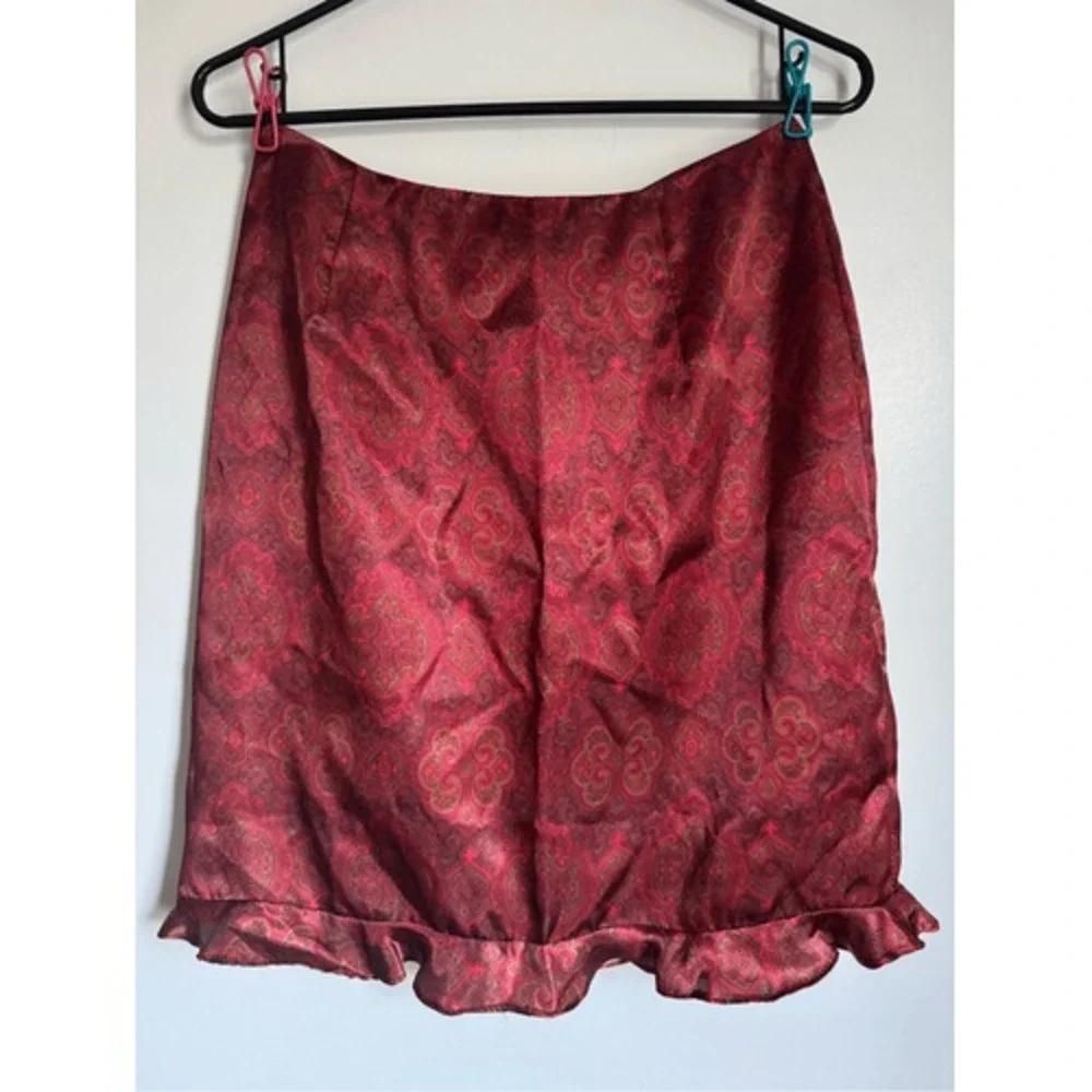 Vintage Y2K Stringbean Womens Red Satiny Floral Ruffle Hem Skirt sz 3 Dainty USA
